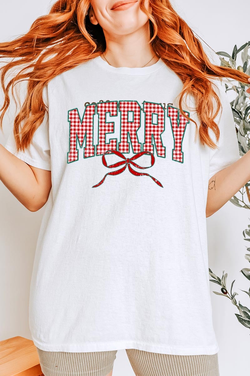 5000-E3206 Plaid Merry Christmas Bow Graphic Heavy Cotton Tee $9