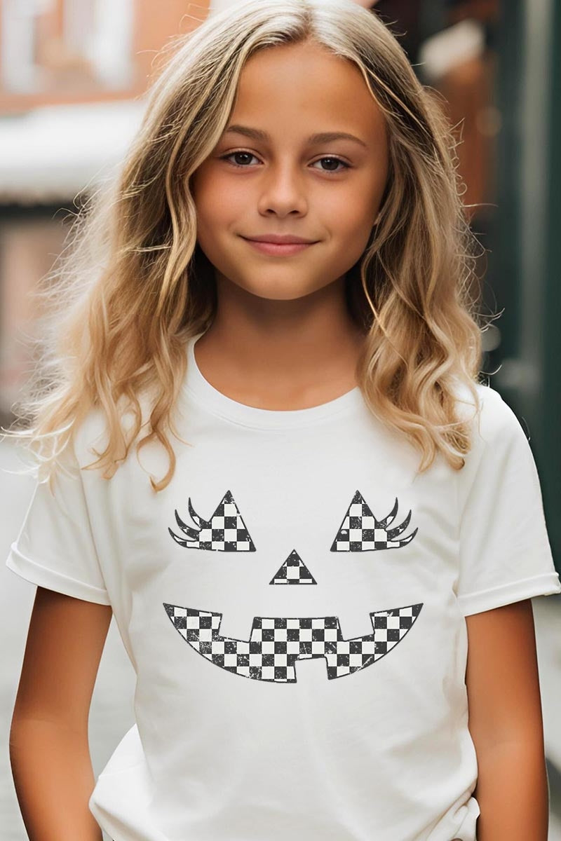US3001Y-E3149Z Checker Pumpkin Face Kids Graphic Tee $11