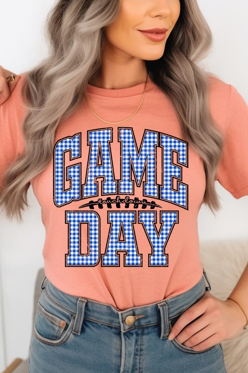 US3001-E3130 Blue Gingham Game Day Graphic Tee $12.5