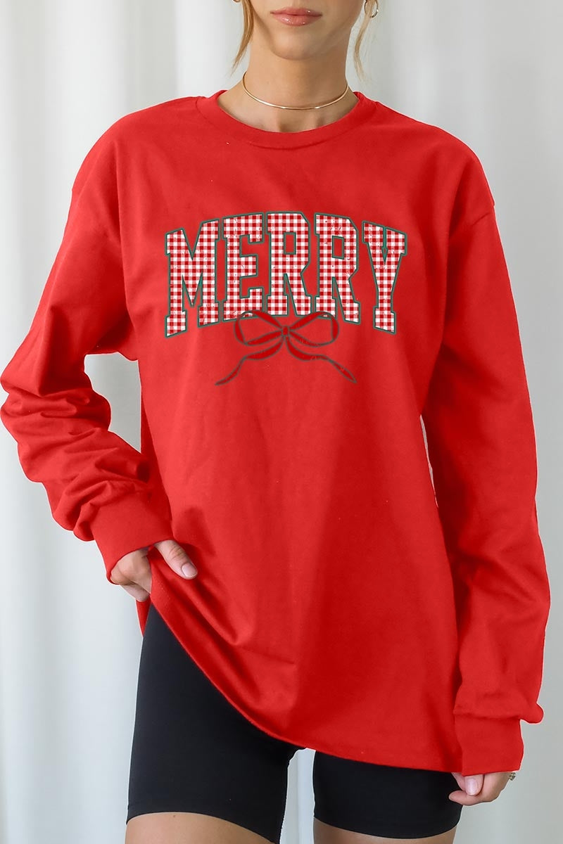 UL240P-E3206 Plaid Merry Christmas Bow Graphic Plus Long Sleeve Tee $17