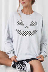 UL240-E3149 Checker Pumpkin Face Graphic Long Sleeve Tee $13.75