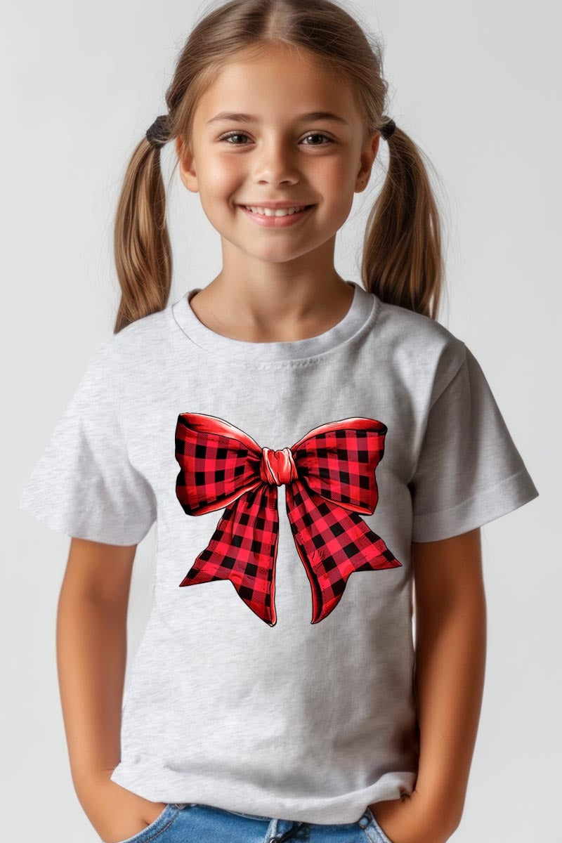 US3001Y-E3198Z Red Buffalo Plaid Bow Kids Graphic Tee $11