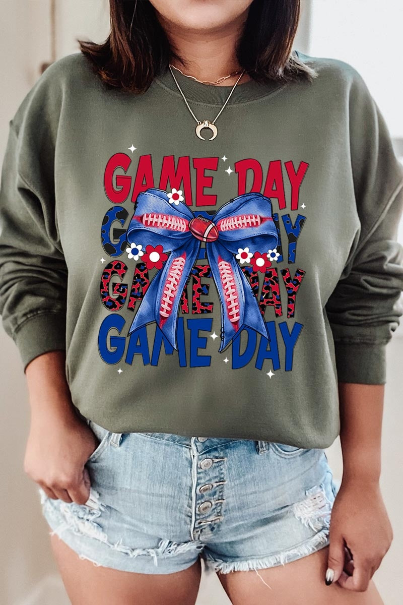 UL180P-E3087 Red Blue Football Game Day Bow Plus Sweatshirt $25