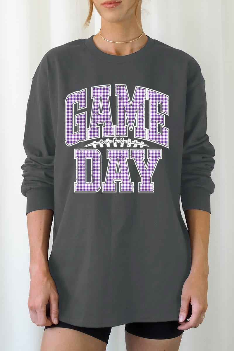 UL240P-E3127 Purple Gingham Game Day Plus Long Sleeve Tee $17