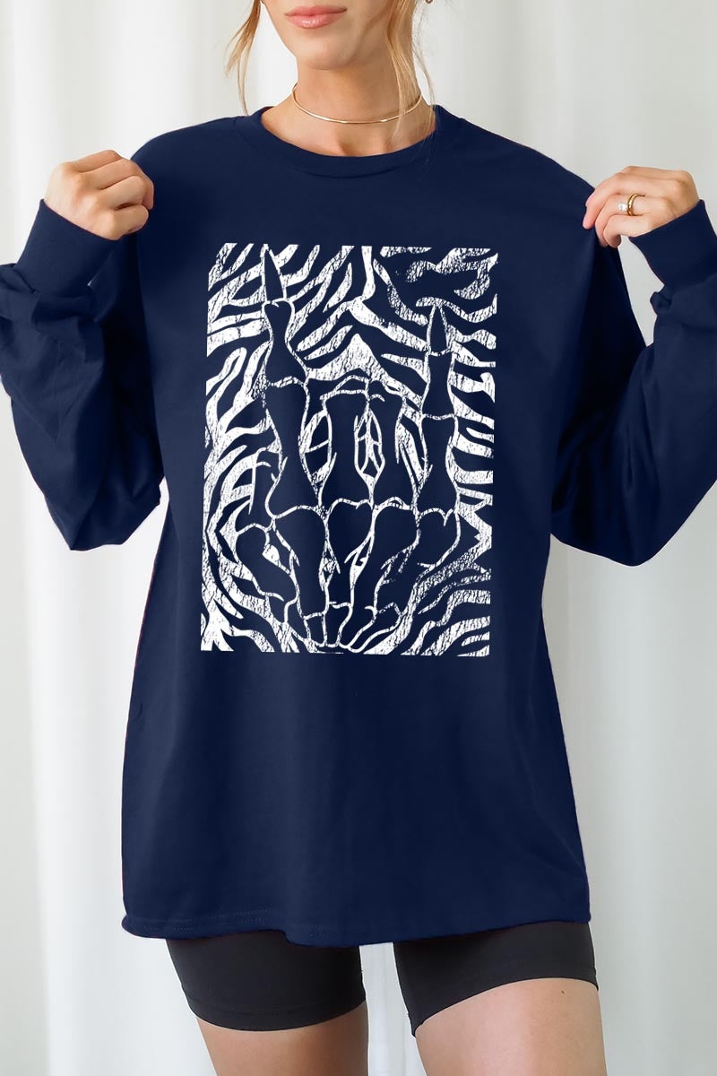 UL240-E3177 Skeleton Hands Zebra Graphic Long Sleeve Tee $13.75