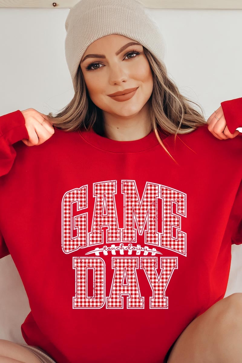UL180P-E3126 Red Gingham Game Day Graphic Plus Sweatshirt $25