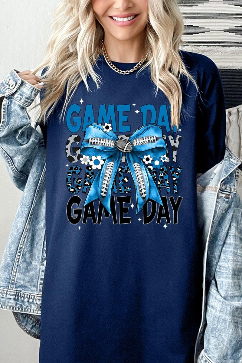 5000-E3089 Blue Silver Football Game Day Bow Heavy Cotton Tee $9