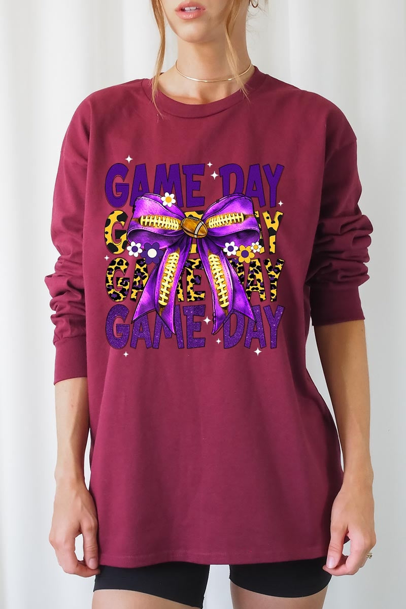 UL240-E3092 Purple Yellow Football GameDay Bow Long Sleeve Tee $13.75