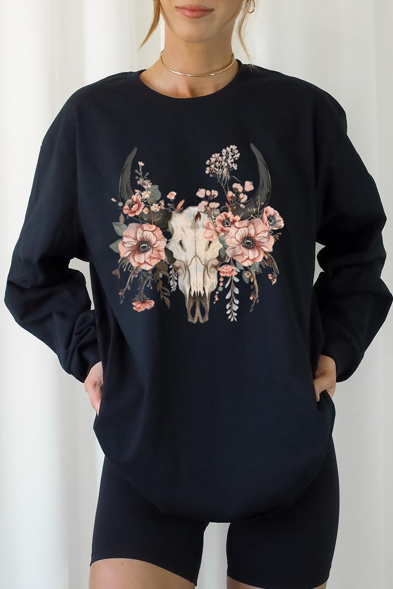 UL240-E3113 Western Skull Floral Graphic Long Sleeve Tee $13.75