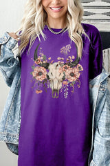 5000P-E3113 Western Skull Floral Graphic Plus Heavy Cotton Tee $12.75
