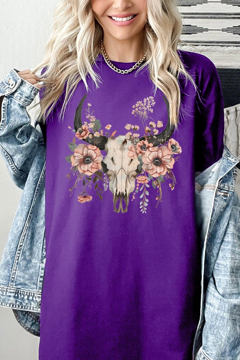 5000-E3113 Western Skull Floral Graphic Heavy Cotton Tee $9