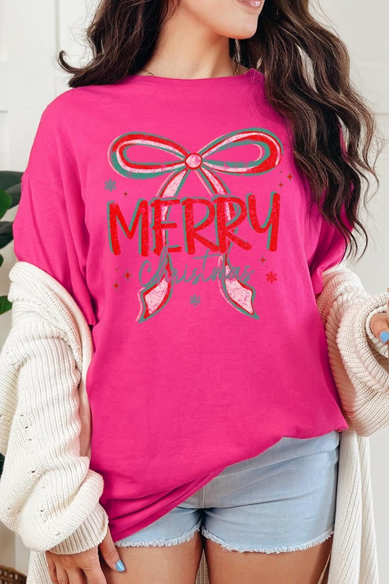 5000-E3197 Merry Christmas Bow Graphic Heavy Cotton Tee $9