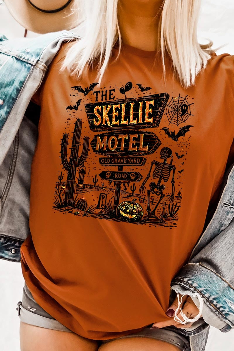 US3001-E3108 Skellie Motel Halloween Graphic Tee $12.5