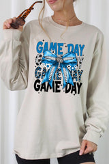 UL240-E3089 Blue Silver Football Game Day Bow Long Sleeve Tee $13.75
