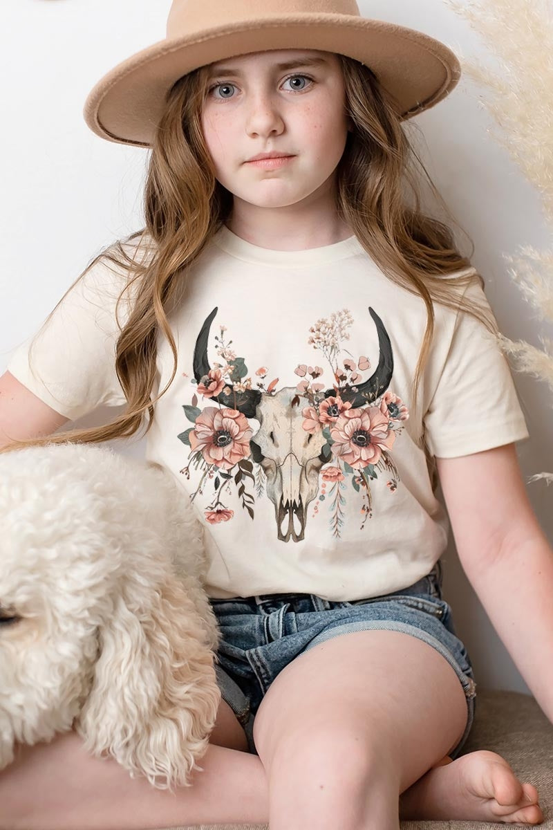 US3001Y-E3113Z Western Skull Floral Kids Graphic Tee $11