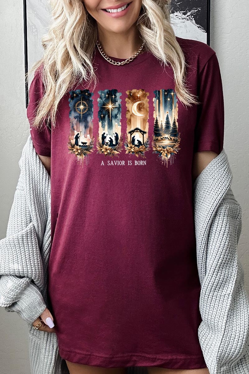 US3001-E3204 Savior Is Born Nativity Graphic Tee $12.5