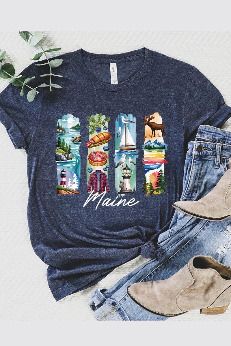 US3001-E3061ME Maine State Brushstroke Graphic Tee $12.5