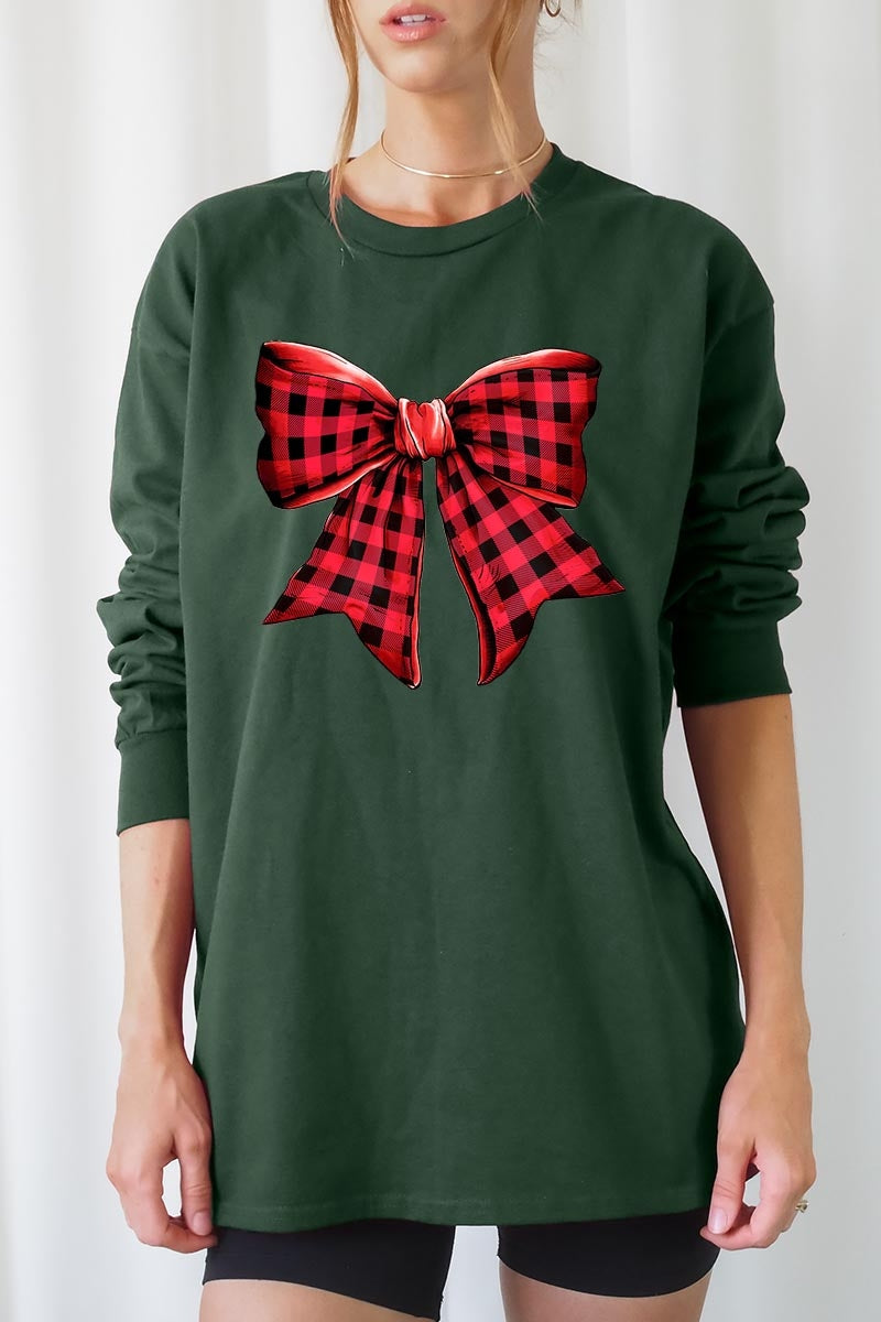 UL240-E3198 Red Buffalo Plaid Bow Graphic Long Sleeve Tee $13.75