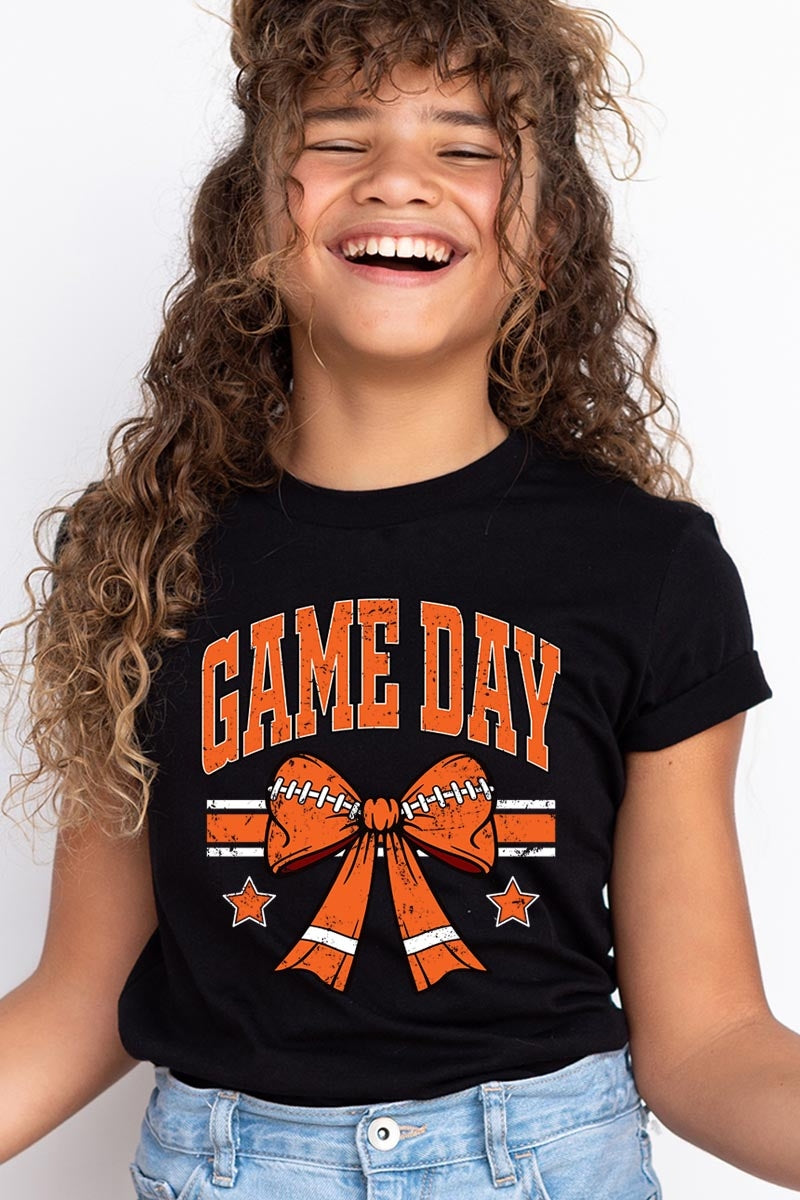 US3001Y-E3064Z Orange Game Day Football Bow Kids Graphic Tee $11