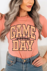 US3001-E3129 Orange Gingham Game Day Graphic Tee $12.5