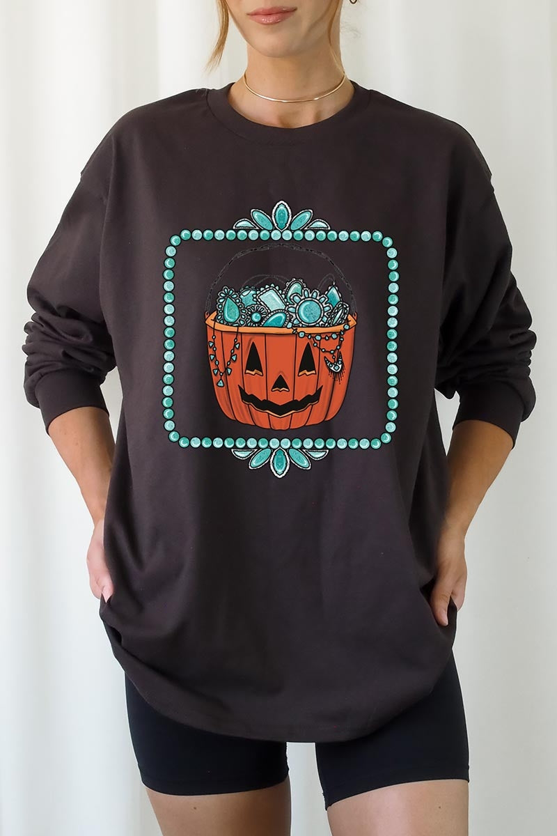 UL240-E3140 Halloween turquoise pumpkin Long Sleeve Tee $13.75