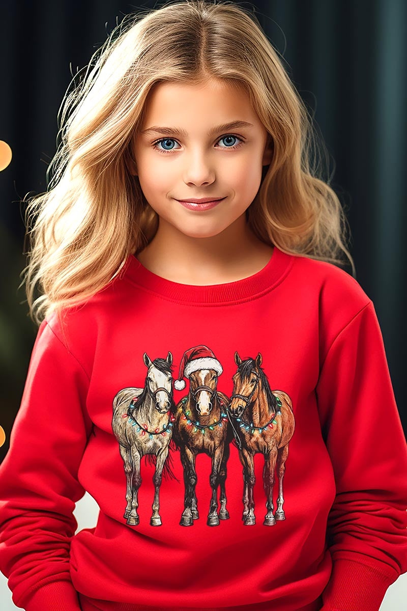 UL180B-E3182Z Christmas Horses Kids Graphic Sweatshirt $20