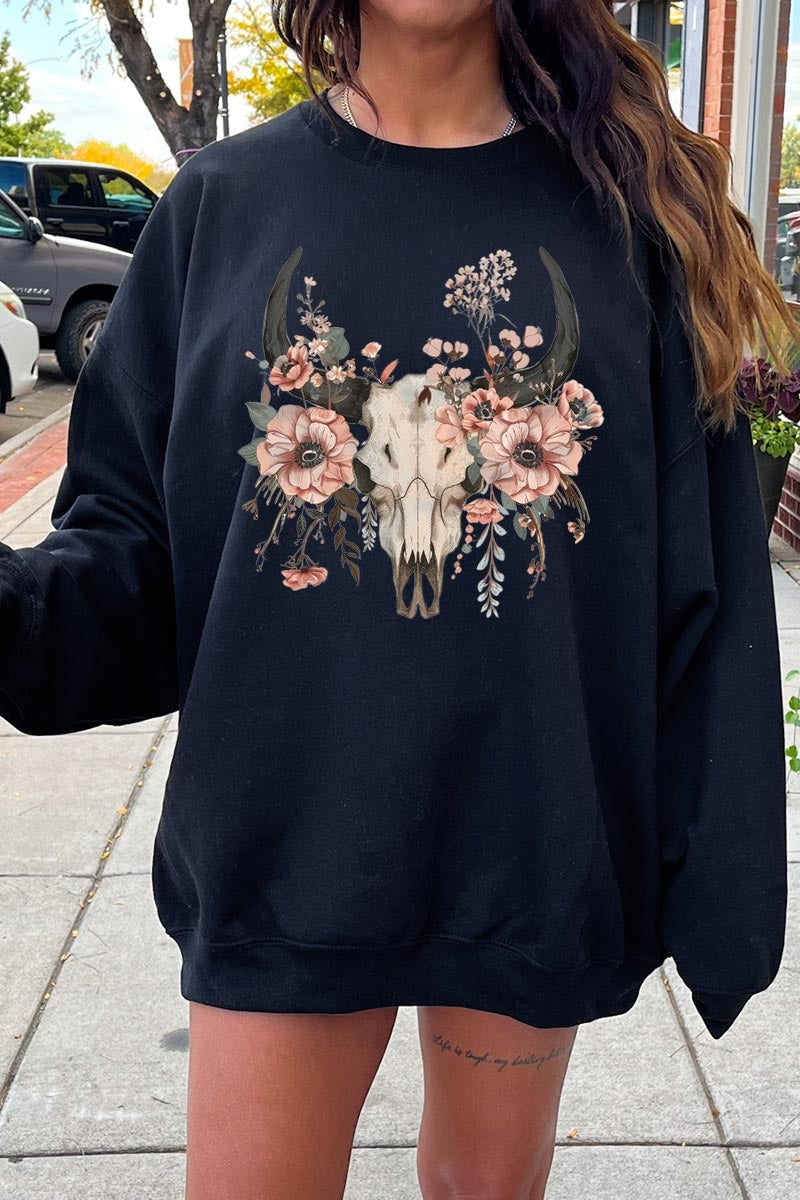 UL180P-E3113 Western Skull Floral Graphic Plus Sweatshirt $25