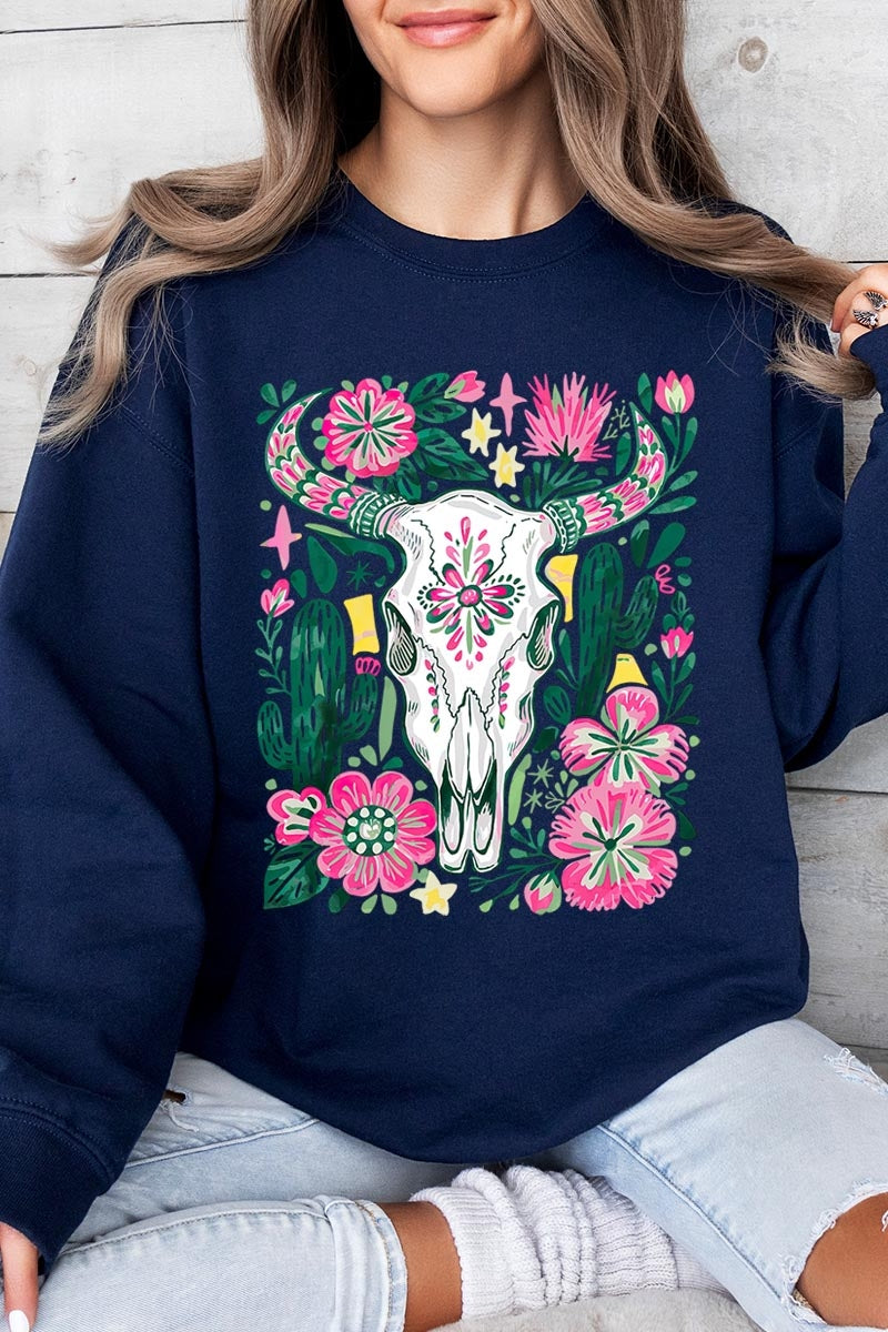 UL180P-E3086 Western Floral Cow Skull Graphic Plus Sweatshirt $25
