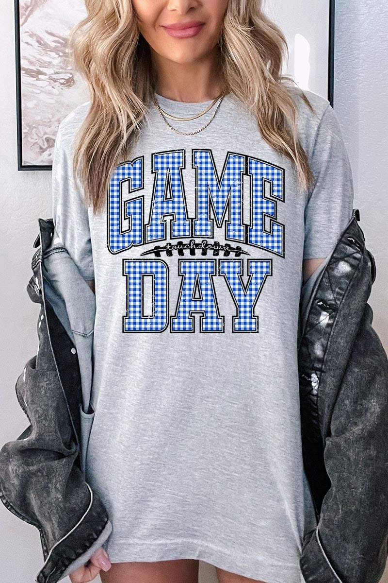 US3001-E3130 Blue Gingham Game Day Graphic Tee $12.5