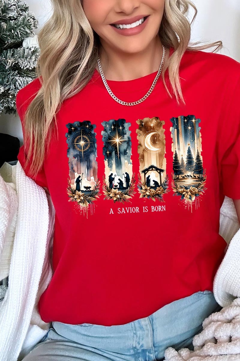 US3001P-E3204 Savior Is Born Nativity Graphic Plus Tee $16
