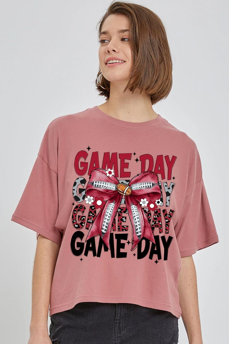 CTS-E3093 Red Silver Football Game Day Bow Relaxed Crop Top $11