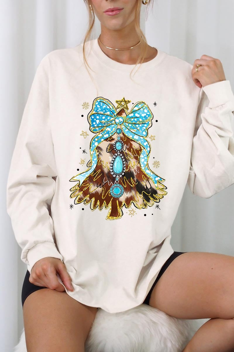 UL240-E3184 Turquoise Christmas Tree Graphic Long Sleeve Tee $13.75