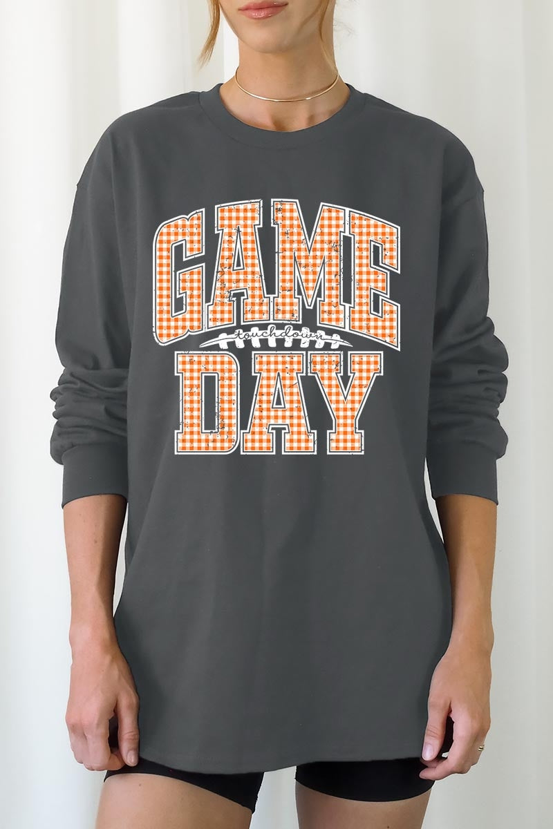 UL240-E3129 Orange Gingham Game Day Graphic Long Sleeve Tee $13.75