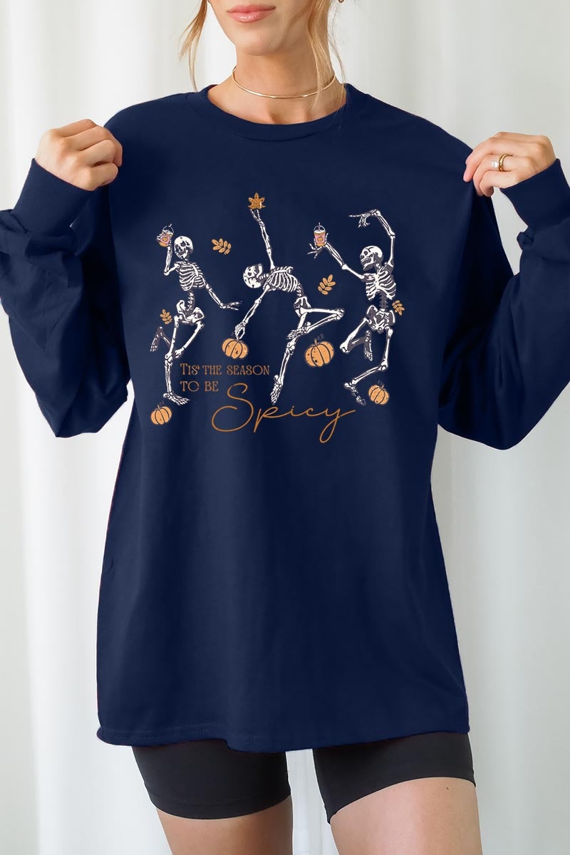 UL240-E3123 Halloween Skeleton Graphic Long Sleeve Tee $13.75