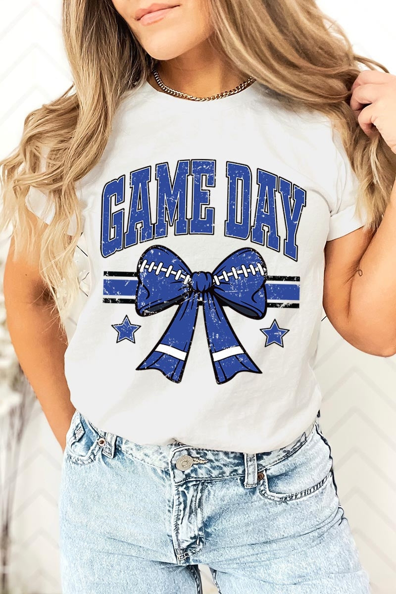 US3001P-E3065 Blue Game Day Football Bow Graphic Plus Tee $16