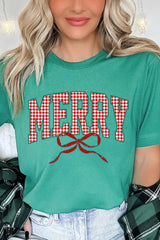 US3001P-E3206 Plaid Merry Christmas Bow Graphic Plus Tee $16