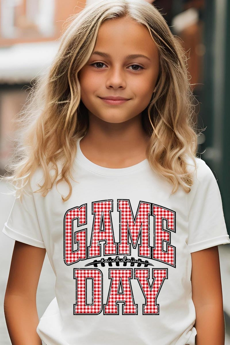 US3001Y-E3126Z Red Gingham Game Day Kids Graphic Tee $11