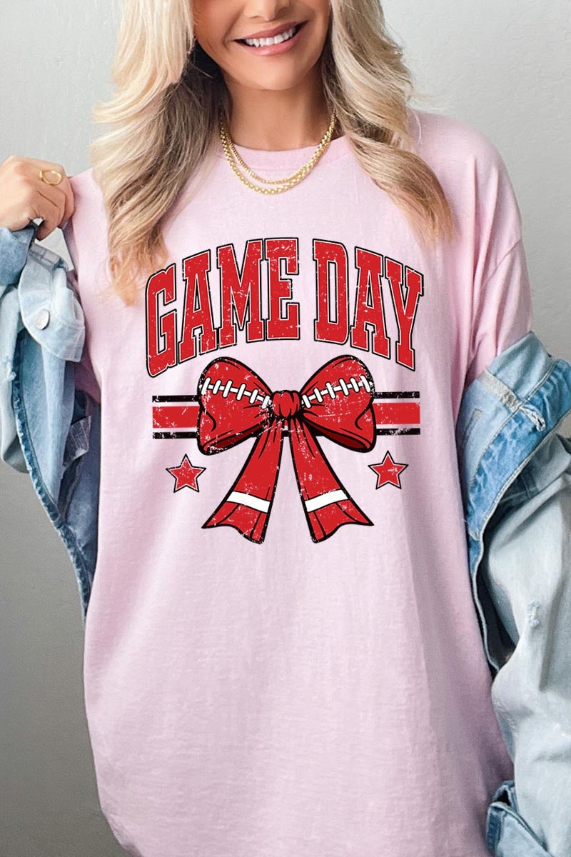 5000-E3062 Red Game Day Football Bow Graphic Heavy Cotton Tee $9