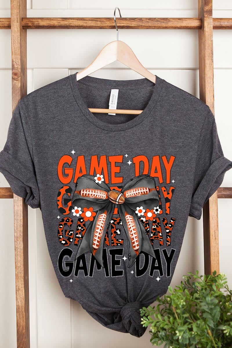 US3001P-E3088 Orange Black Football Game Day Bow Plus Tee $16