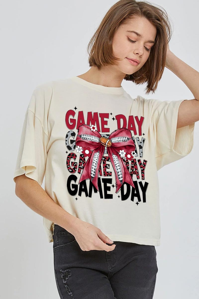 CTS-E3093 Red Silver Football Game Day Bow Relaxed Crop Top $11