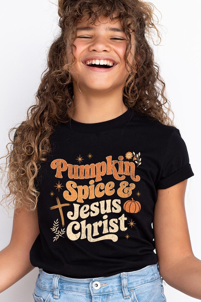 US3001Y-E3164Z Pumpkin Spice & Jesus Kids Graphic Tee $11
