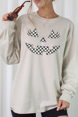 UL240-E3149 Checker Pumpkin Face Graphic Long Sleeve Tee $13.75