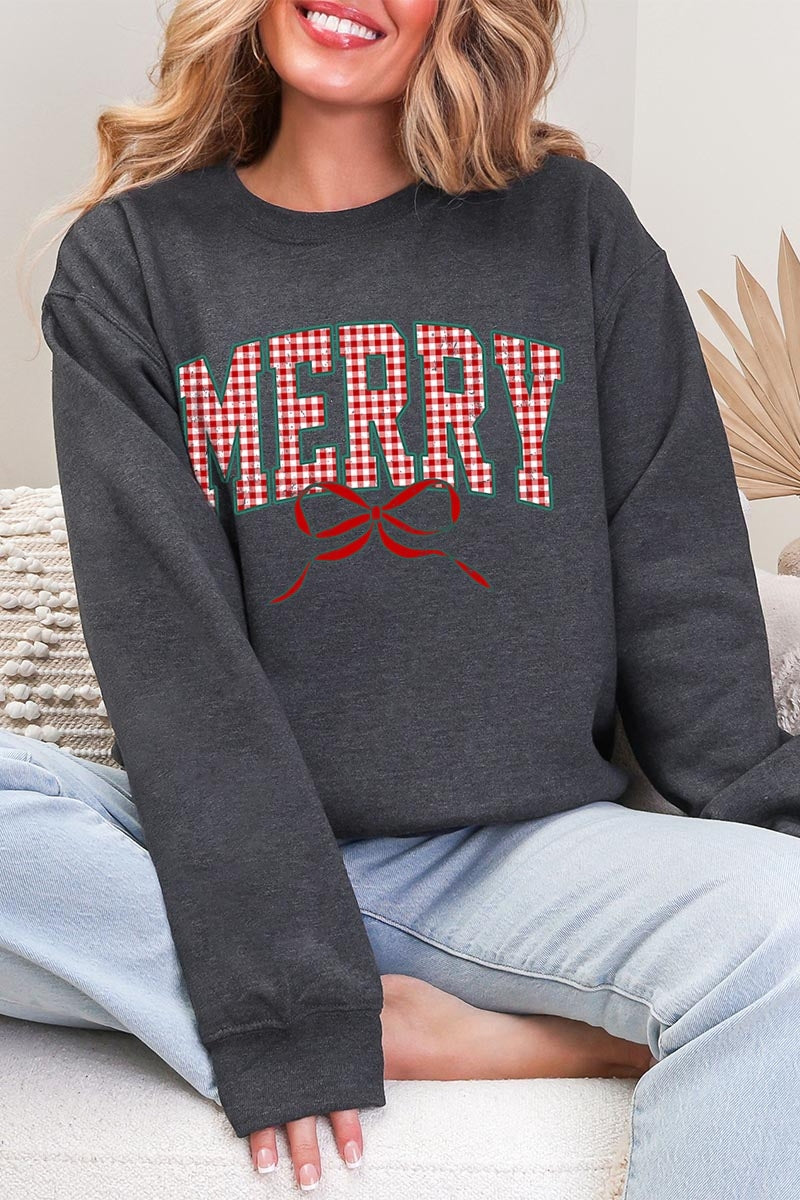 UL190-E3206 Plaid Merry Christmas Bow Graphic Sweatshirt $20