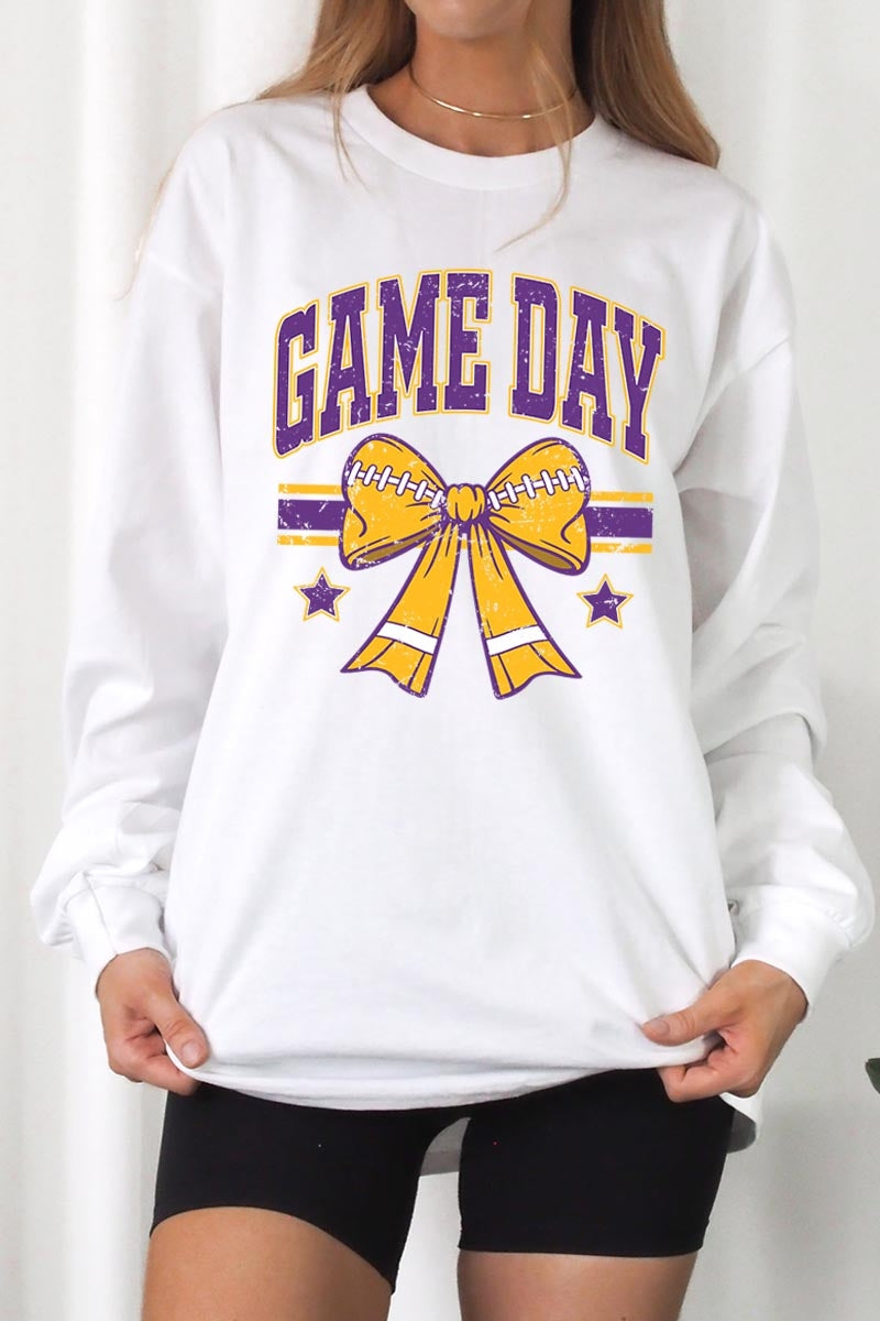 UL240P-E3063 Purple Game Day Football Bow Plus Long Sleeve Tee $17