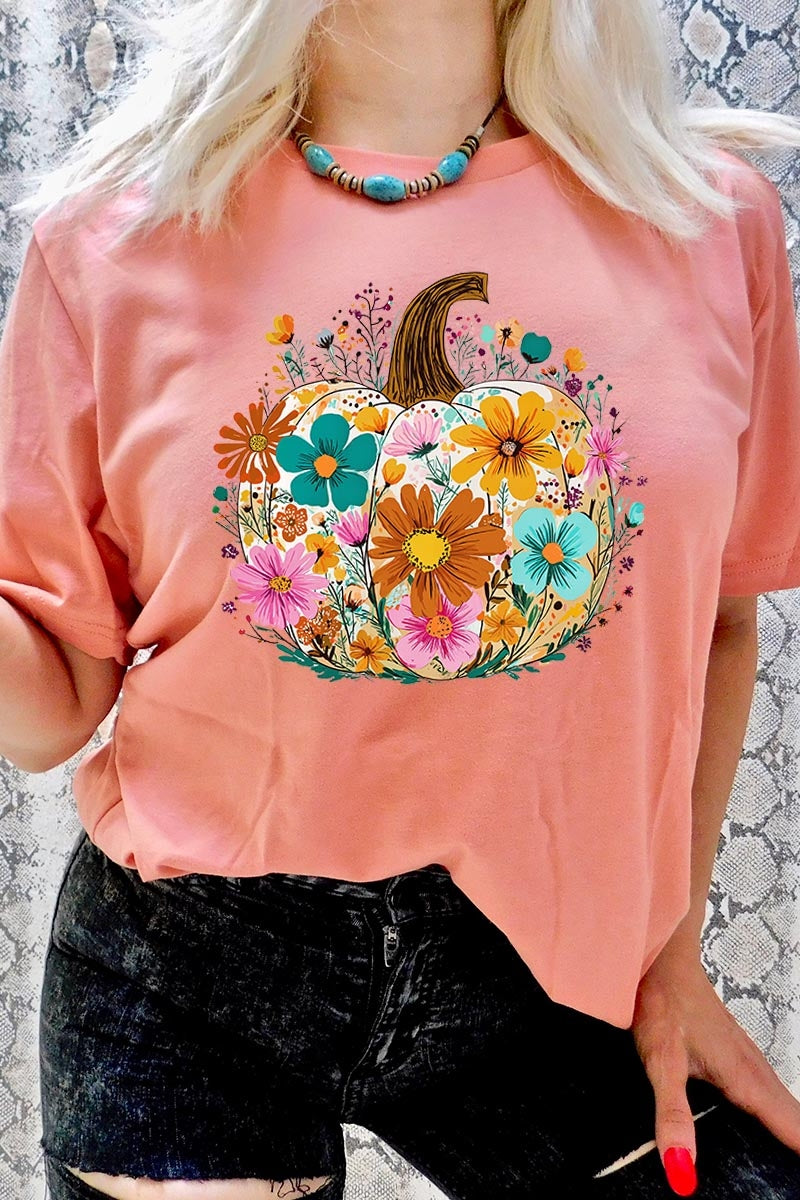US3001-E3118 Floral Pumpkin Graphic Tee $12.5