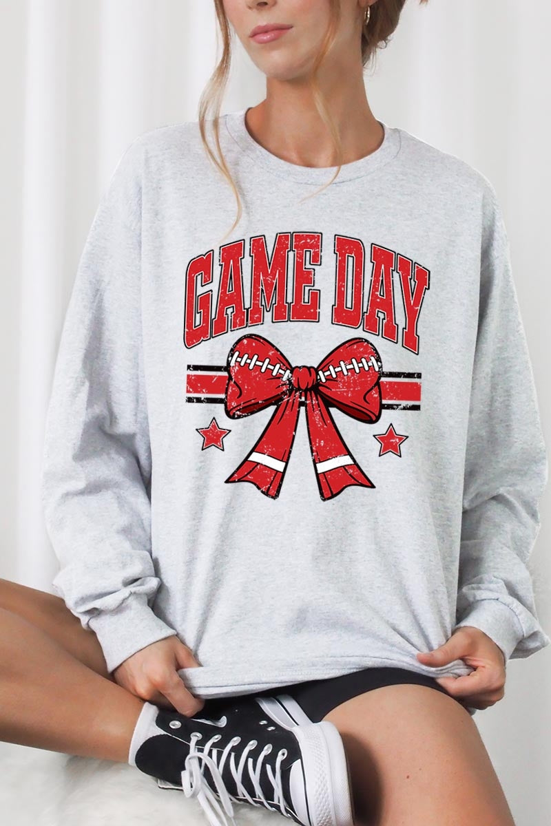 UL240-E3062 Red Game Day Football Bow Graphic Long Sleeve Tee $13.75