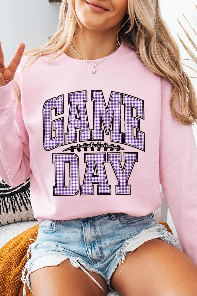 UL180-E3127 Purple Gingham Game Day Graphic Sweatshirt $20