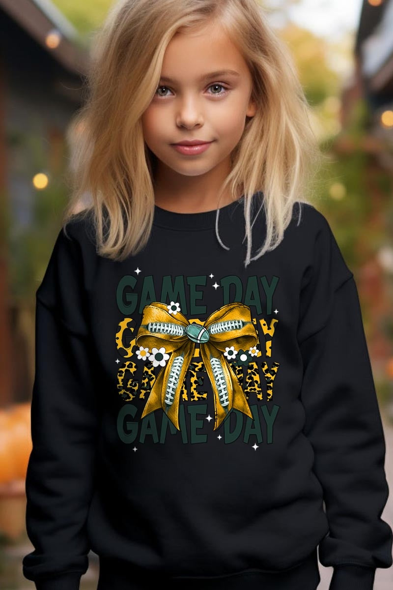 UL180B-E3090Z Yellow Football Game Day Bow Kids Sweatshirt $20