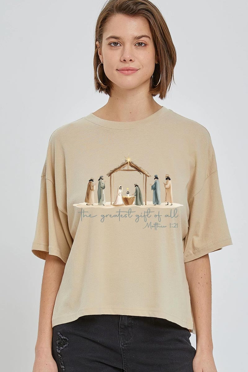 CTS-E3183 Nativity Gift Graphic Relaxed Crop Top $11