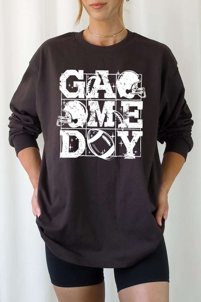 UL240-E3073 Distressed Game Day Graphic Long Sleeve Tee $13.75